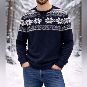 Ralph Lauren Black & White Fair Isle Crewneck Henley Cotton Sweater Size Large